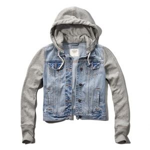 A&F Light Wash Distressed Hoodie Jean Jacket